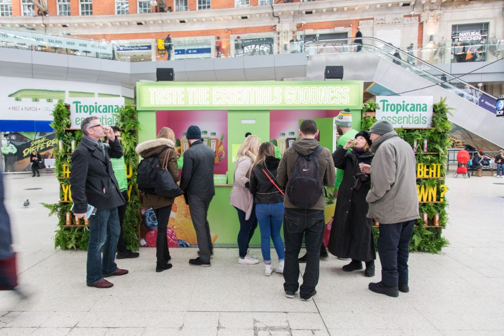 Tropicana Essentials experiential stand with sampling activity at Waterloo Station