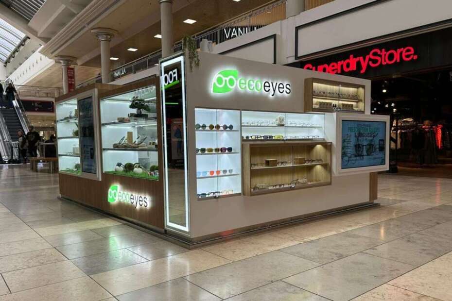 Ecoeyes branded glasses and sunglasses retail kiosk in Metrocentre